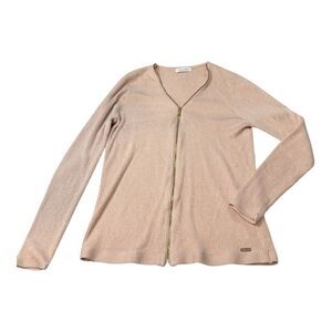 Calvin Klein Ribbed Zip Front Cardigan Sweater Pink Beige Neutral Long Sleeve